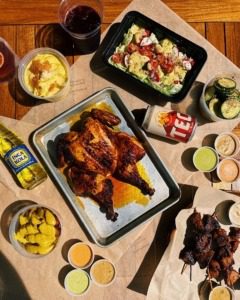 Arial view of tablescape with food and drinks