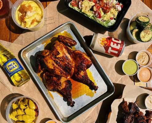 Arial view of tablescape with food and drinks